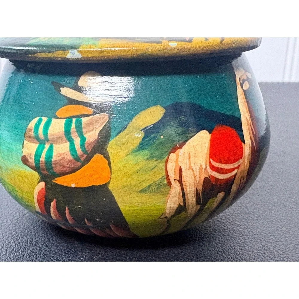 Vintage Hand Painted Wooden Trinket Box Llama Folk‎ Art Mountain Scene Round Lid